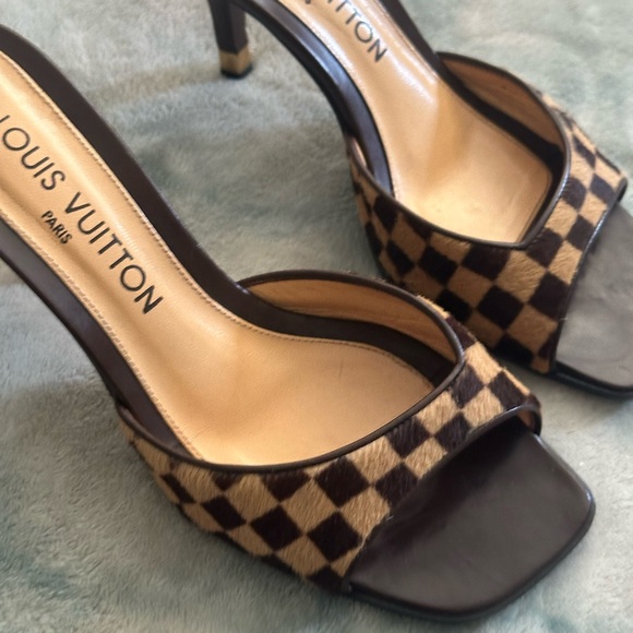 VINTAGE LOUIS VUITTON DAMIER EBENE PONY HAIR MULE SLIDE HEELS SIZE 6.5 - Picture 8 of 10